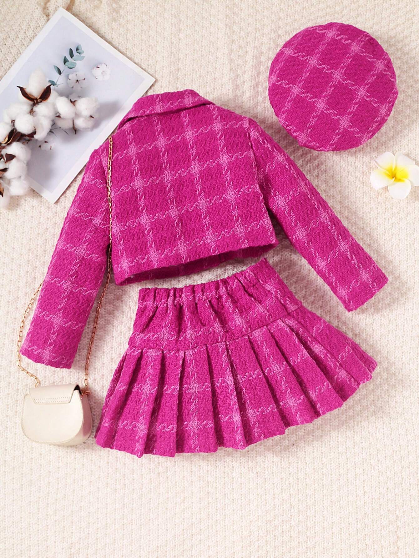 Young Girl Elegant Suit Collar Pocket Plaid Woolen Coat With Button Closure, Pleated Midi Skirt And Hat Set