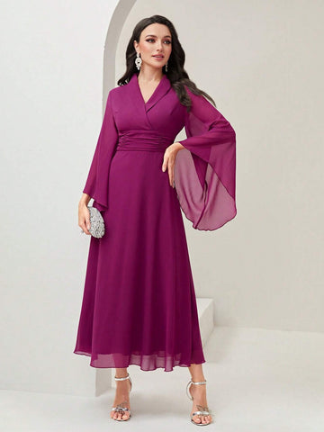 Modely Surplice Neck Flounce Sleeve Ruched Waist Dress