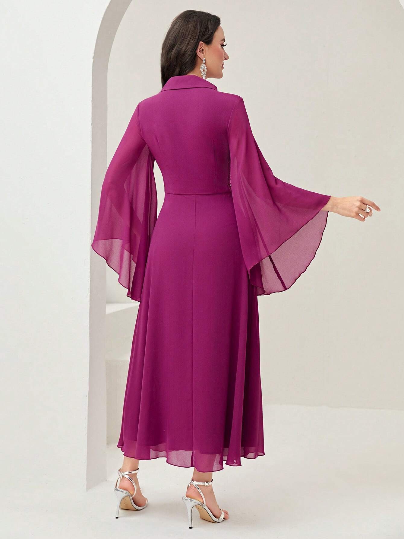 Modely Surplice Neck Flounce Sleeve Ruched Waist Dress