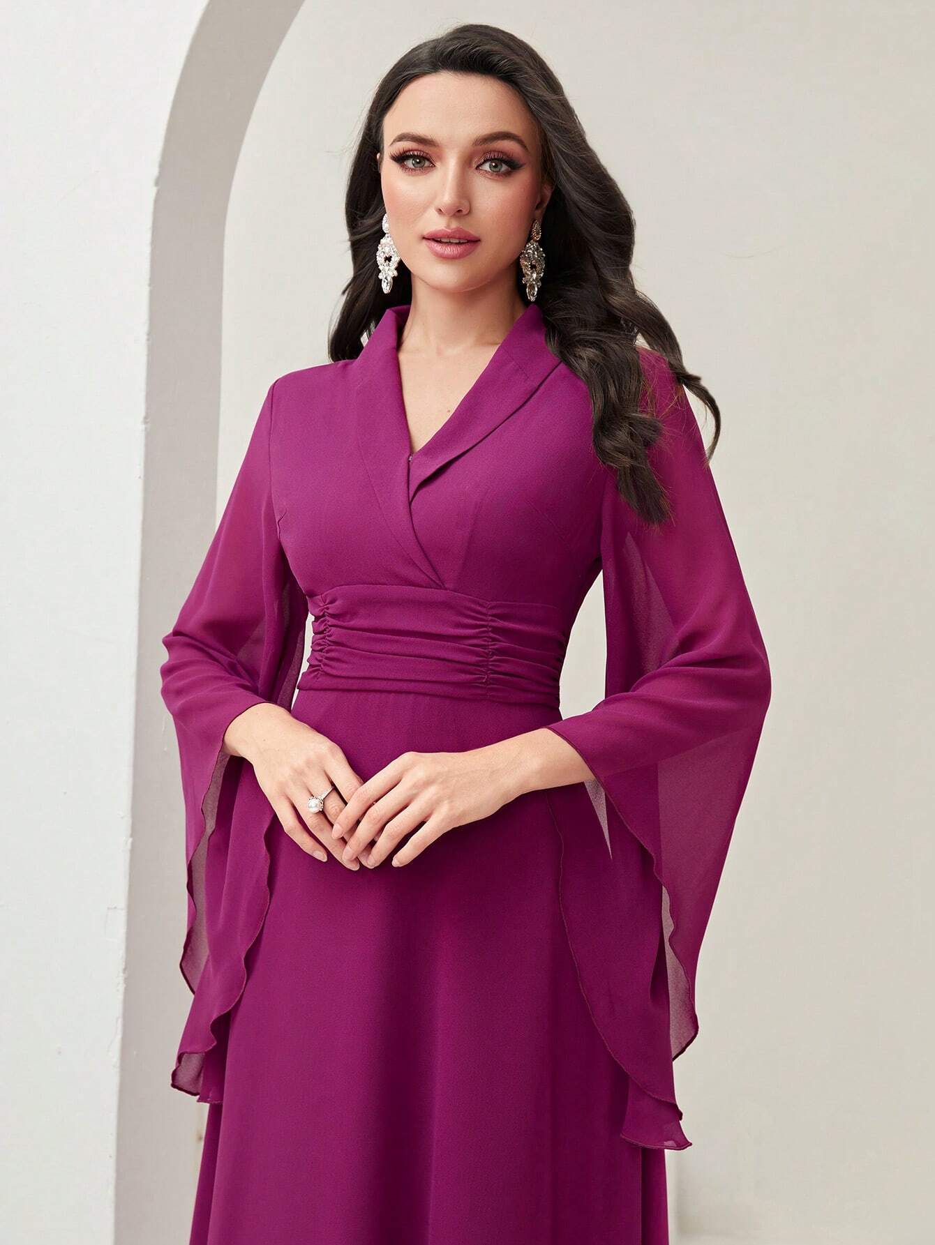 Modely Surplice Neck Flounce Sleeve Ruched Waist Dress