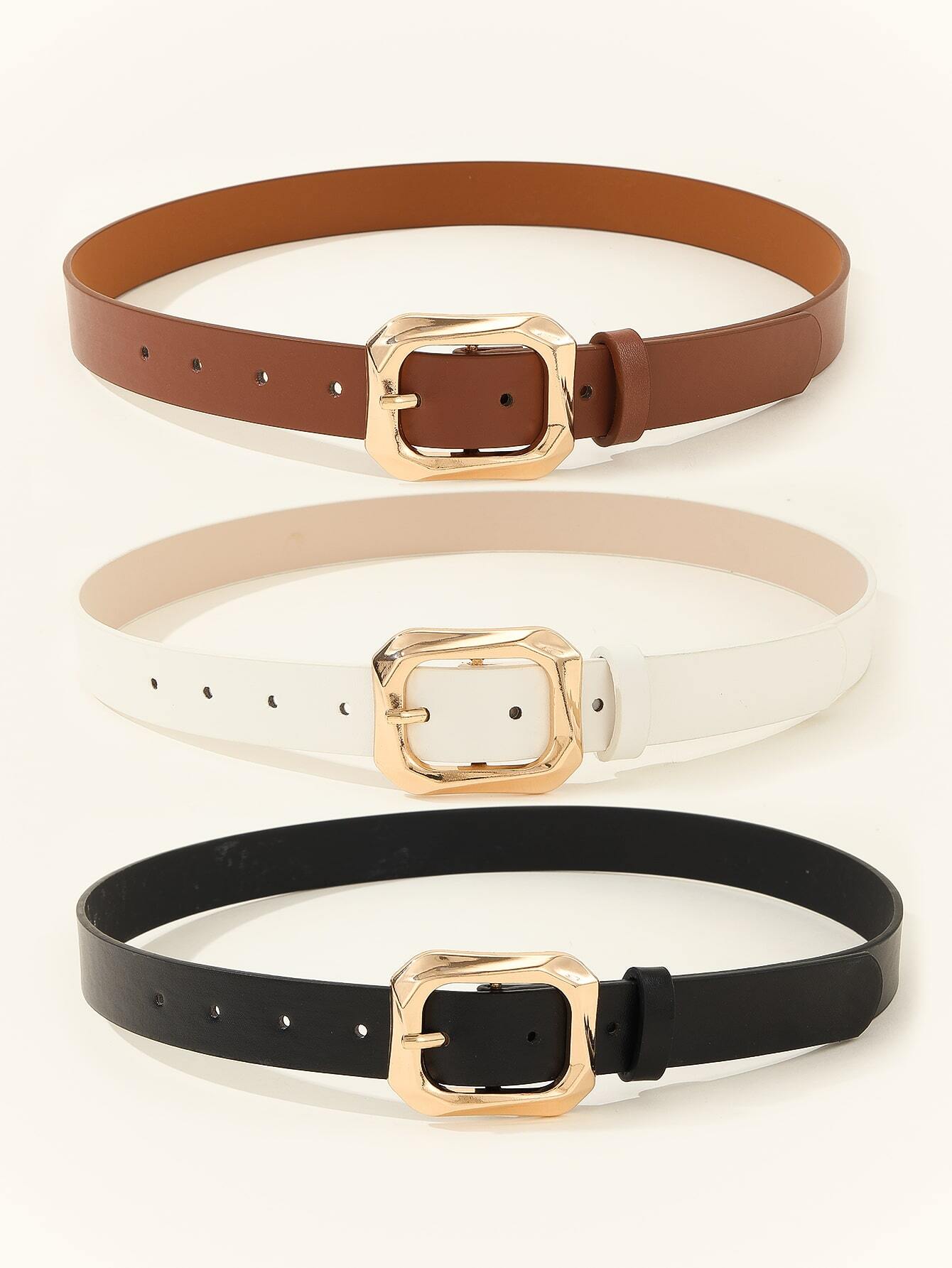 3pcs Gold Tone Square Buckle Everyday Dressy Waist Belt For Women's Clothes