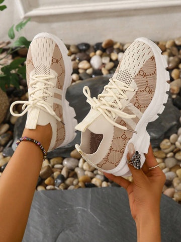 Ladies' Fashionable Khaki Color Plus Size Color Block Breathable Versatile Mesh Running Shoes