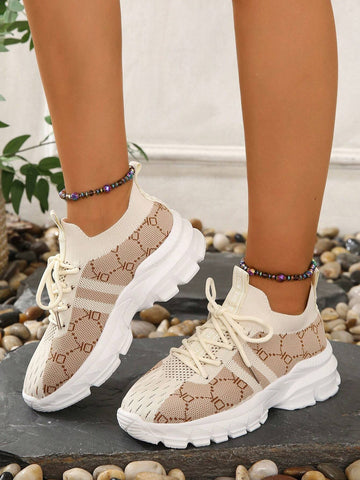 Ladies' Fashionable Khaki Color Plus Size Color Block Breathable Versatile Mesh Running Shoes