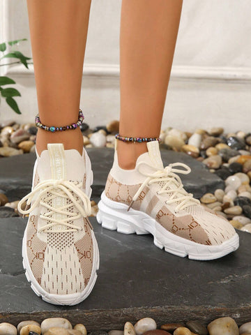 Ladies' Fashionable Khaki Color Plus Size Color Block Breathable Versatile Mesh Running Shoes