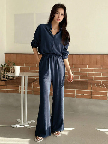 DAZY Solid Button Front Shirt & Flare Leg Pants