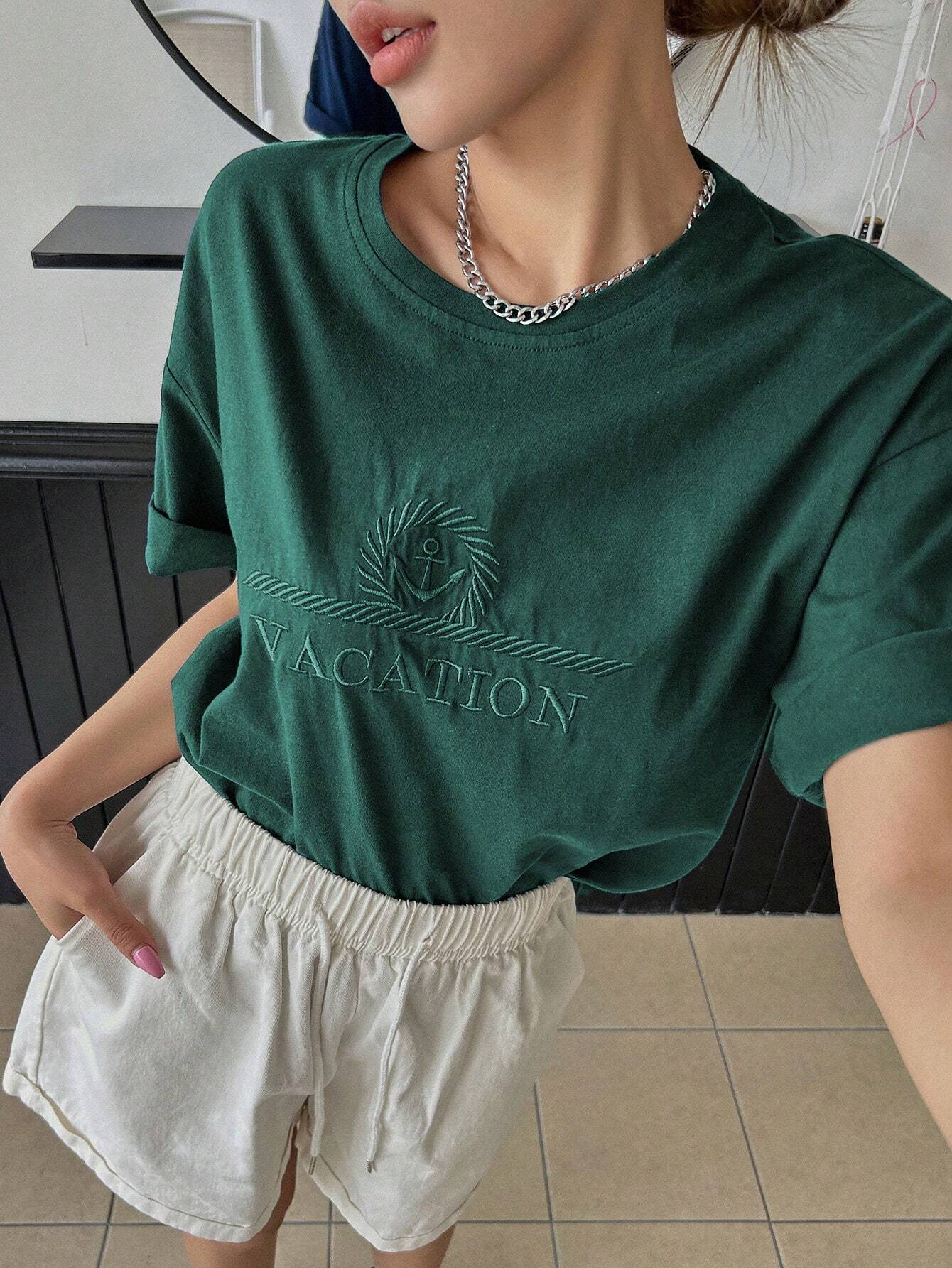 DAZY Letter Embroidery Drop Shoulder Tee