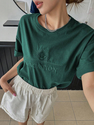 DAZY Letter Embroidery Drop Shoulder Tee