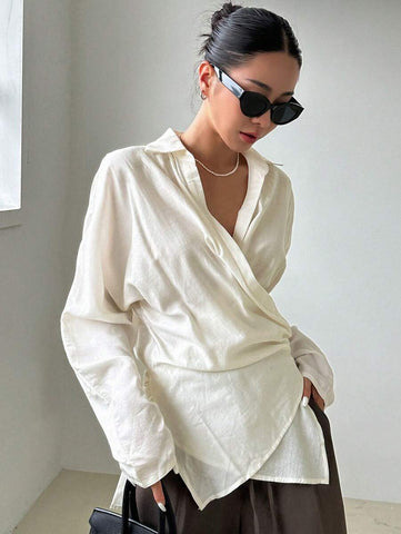 DAZY Asymmetrical Hem Batwing Sleeve Ruched Wrap Blouse