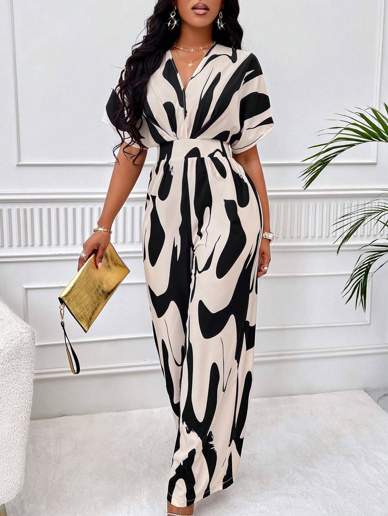 Lyxana Allover Print Batwing Sleeve Shirt Jumpsuit