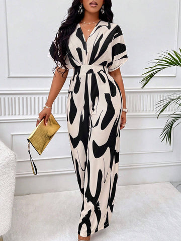 Lyxana Allover Print Batwing Sleeve Shirt Jumpsuit