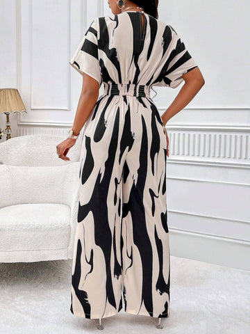 Lyxana Allover Print Batwing Sleeve Shirt Jumpsuit