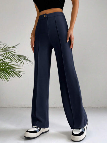 EZwear Classical Apricot High Waist Seam Detail Straight Leg Pants