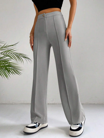 EZwear Classical Apricot High Waist Seam Detail Straight Leg Pants