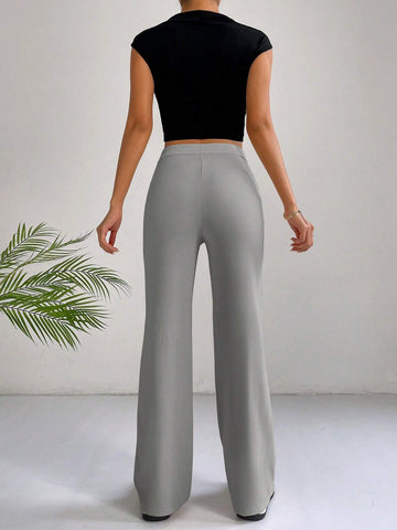 EZwear Classical Apricot High Waist Seam Detail Straight Leg Pants