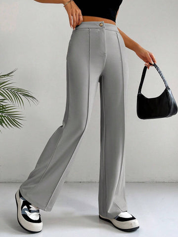 EZwear Classical Apricot High Waist Seam Detail Straight Leg Pants