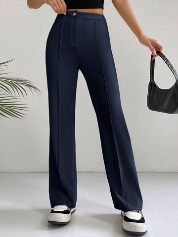 EZwear Classical Apricot High Waist Seam Detail Straight Leg Pants