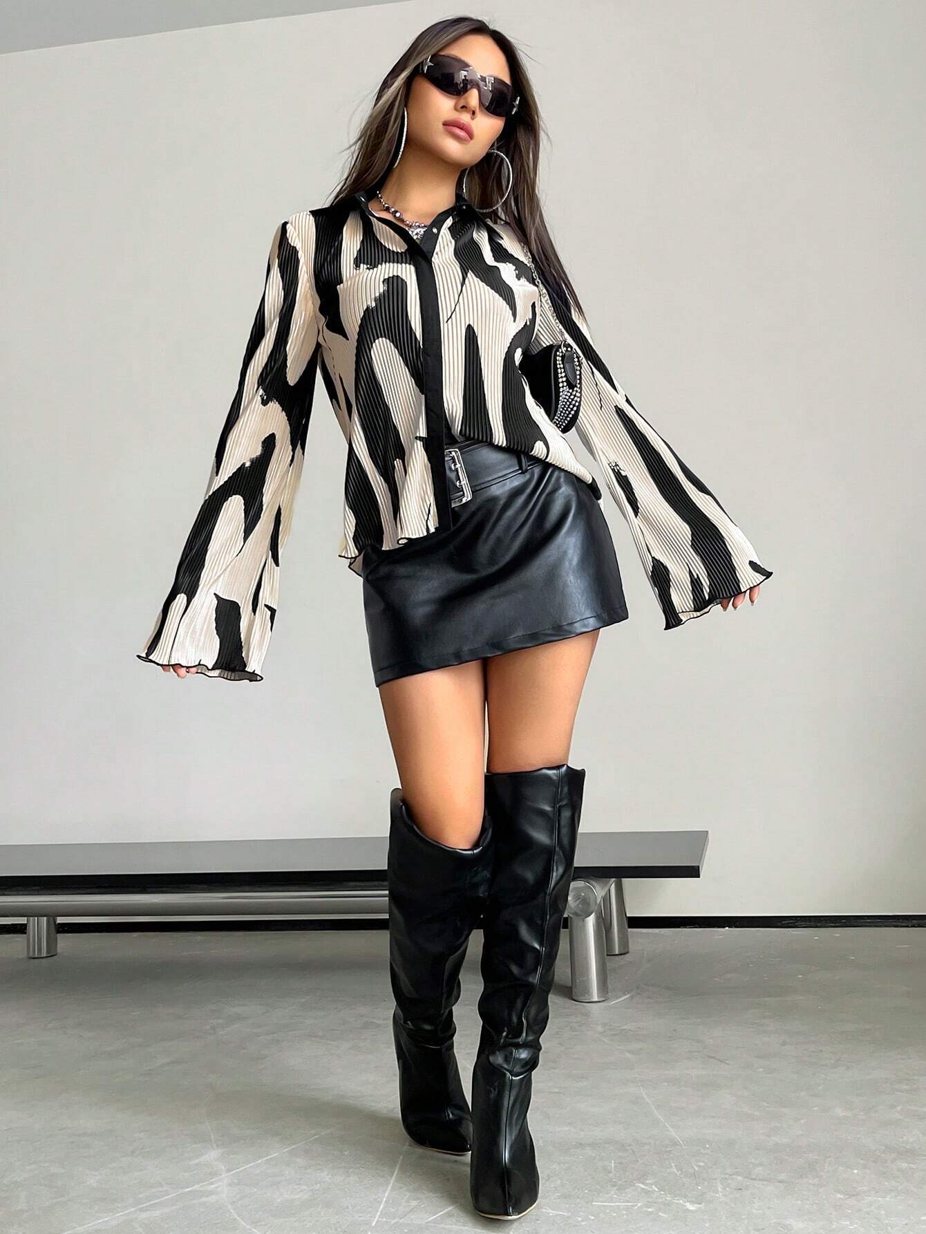 ICON Allover Print Flounce Sleeve Spring Shirt