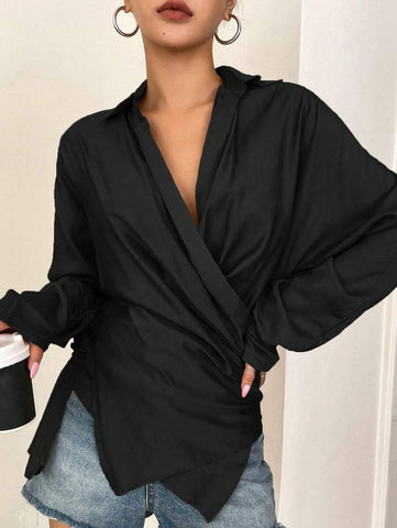 DAZY Asymmetrical Hem Batwing Sleeve Ruched Wrap Blouse