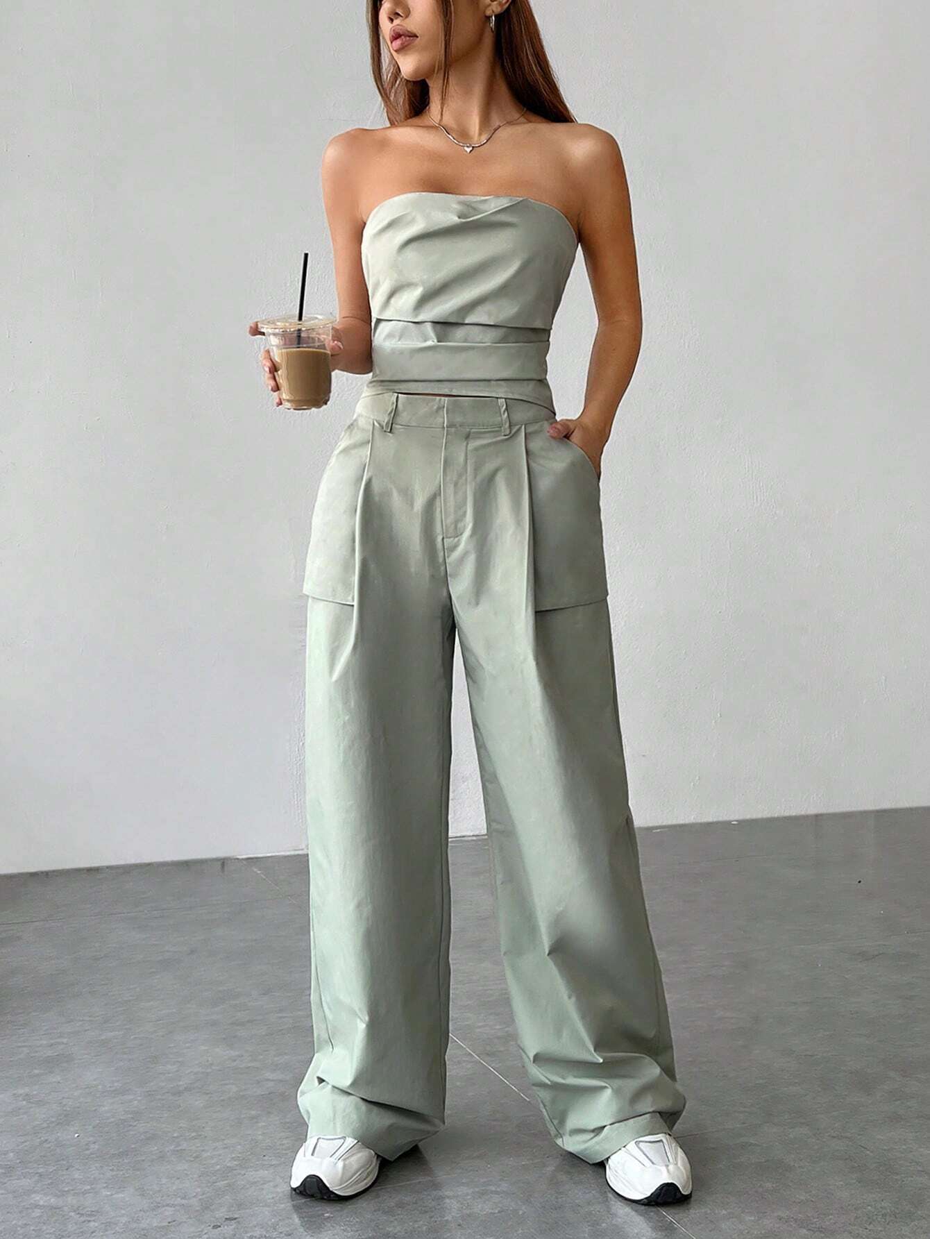 EZwear Leisure Style Solid Color Strapless Top And Flat Front Pants