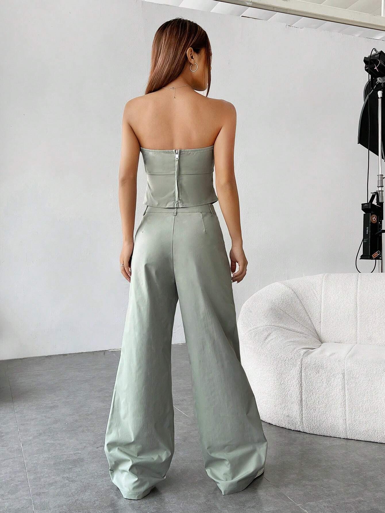 EZwear Leisure Style Solid Color Strapless Top And Flat Front Pants