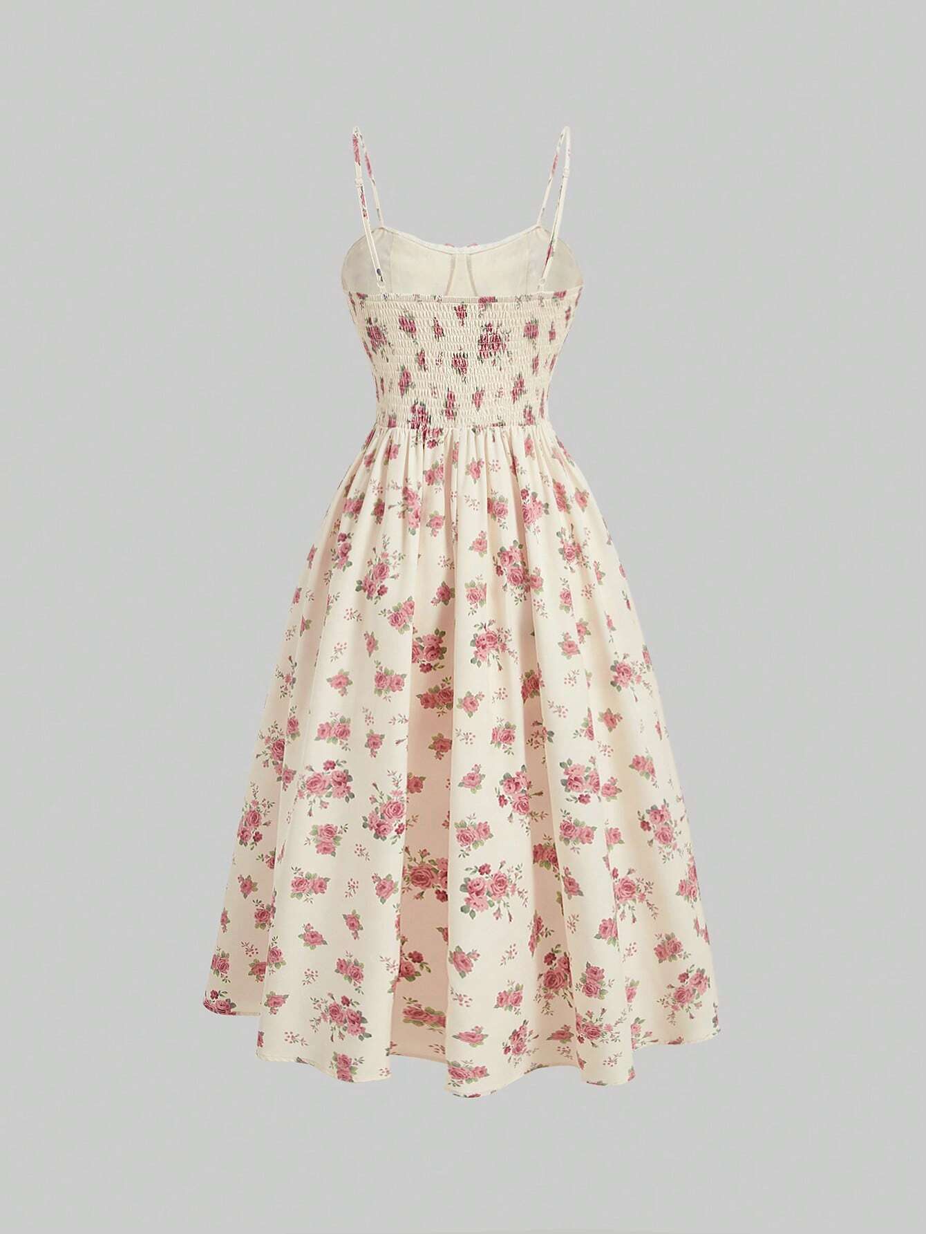 MOD Floral Print Lace Up Front Cami Lace Patchwork Bow Embellished Bust Cup Long Dress