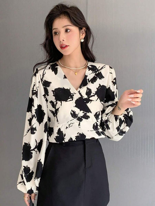DAZY Floral Print Surplice Neck Lantern Sleeve Blouse