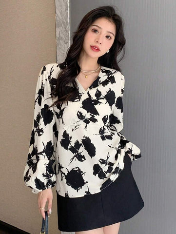 DAZY Floral Print Surplice Neck Lantern Sleeve Blouse