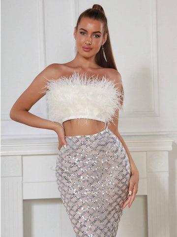 New Stylish Halter Crop Top & Faux Fur Mini Skirt 2-Piece Outfit