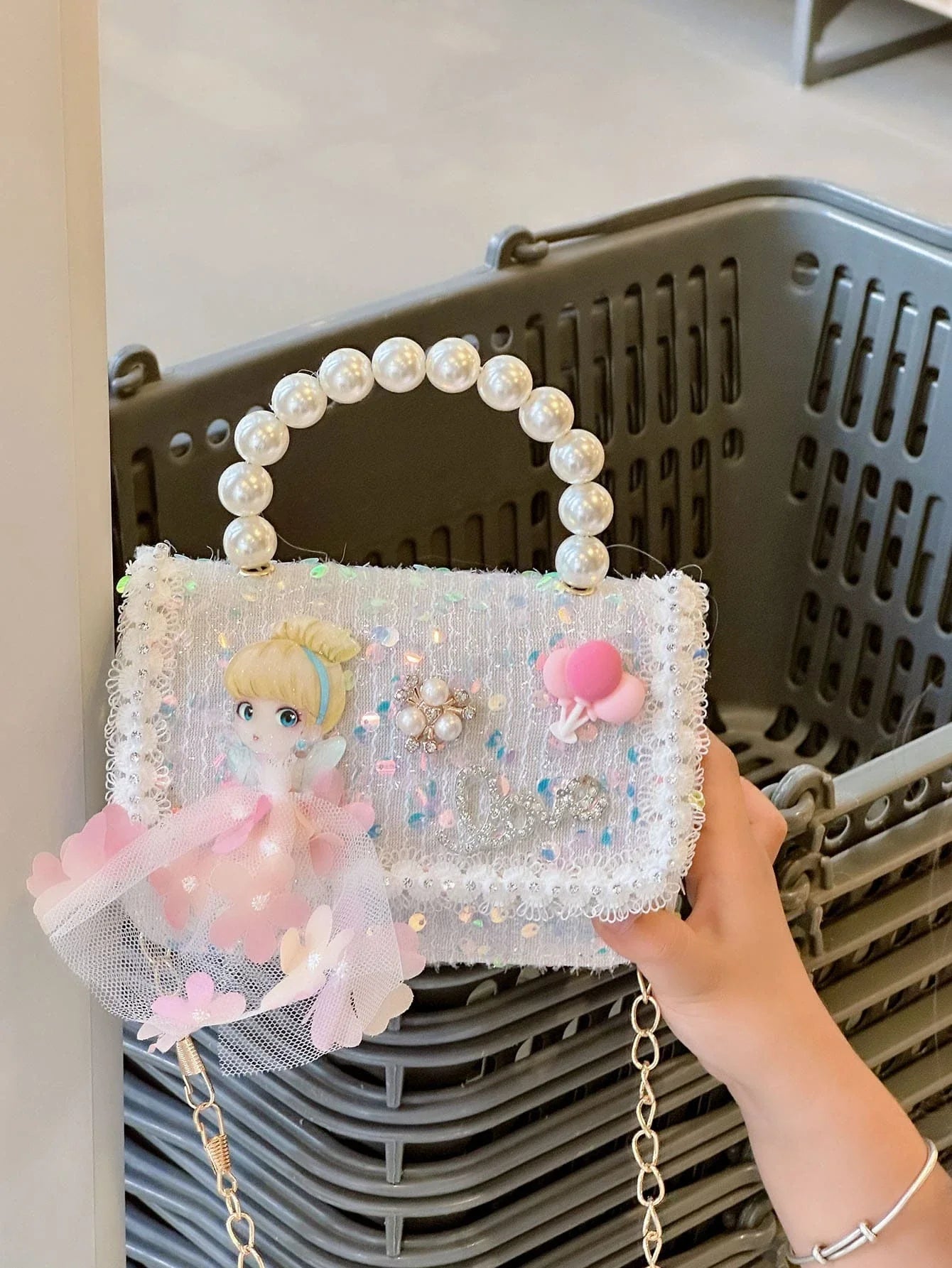 Mini Glitter Decorated Fashion Faux Pearl Satchel For Evening Party