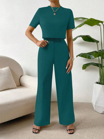 Essnce Solid Crop Blouse & Wide Leg Pants