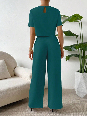 Essnce Solid Crop Blouse & Wide Leg Pants