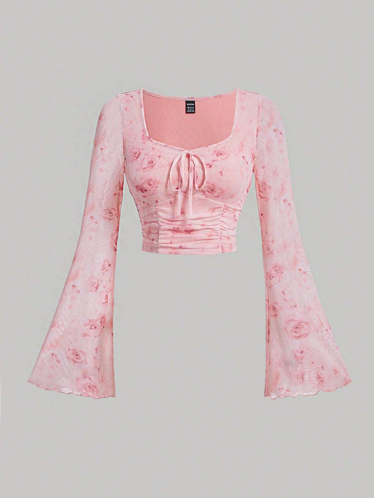 MOD Tie Dye Knot Front Flounce Sleeve Crop Top