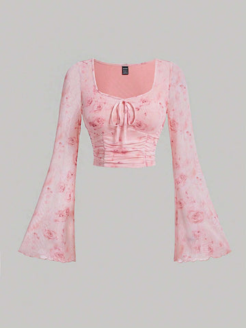 MOD Tie Dye Knot Front Flounce Sleeve Crop Top