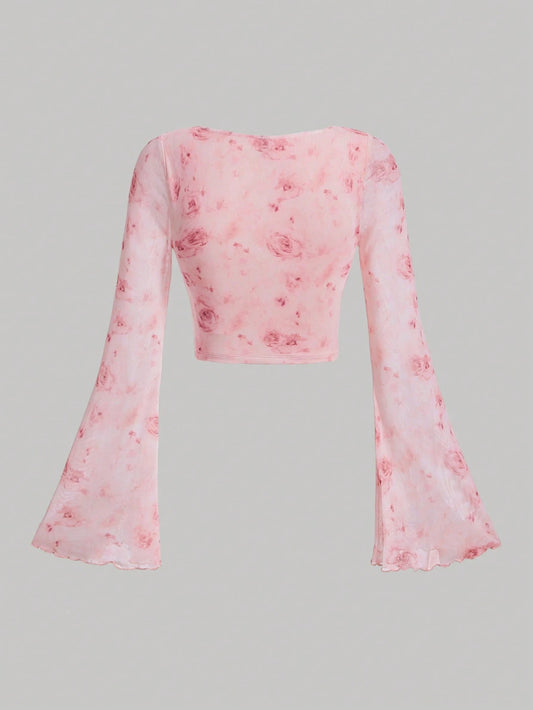 MOD Tie Dye Knot Front Flounce Sleeve Crop Top