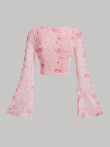 MOD Tie Dye Knot Front Flounce Sleeve Crop Top