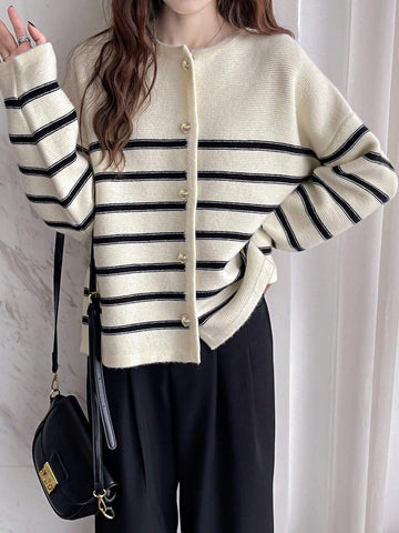 Striped Drop Shoulder Button Through Cardigan