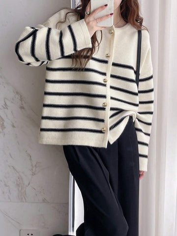 Striped Drop Shoulder Button Through Cardigan