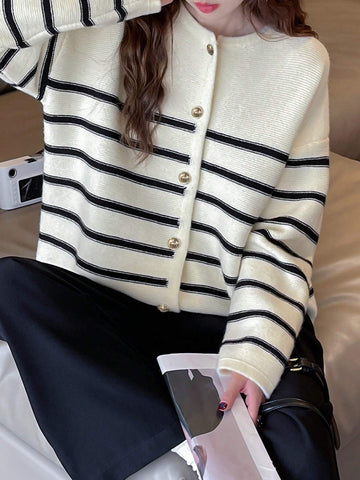 Striped Drop Shoulder Button Through Cardigan