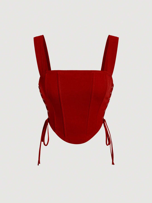 MOD Lace Up Side Fish Bone Decoration Curved Hem Wide Straps