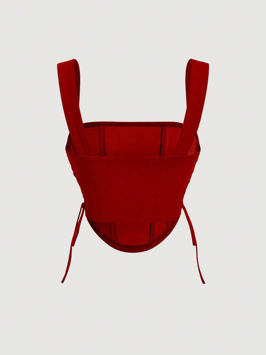 MOD Lace Up Side Fish Bone Decoration Curved Hem Wide Straps