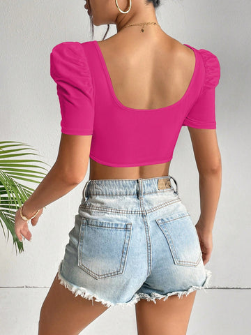 Privé Spring Break Square Neck Puff Sleeve Asymmetrical Hem Crop Tee