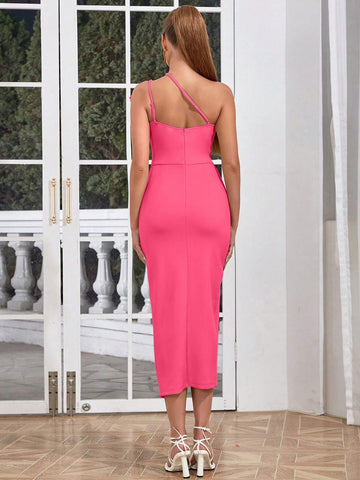 Hollow Out One Shoulder Pleated High Slit Dress