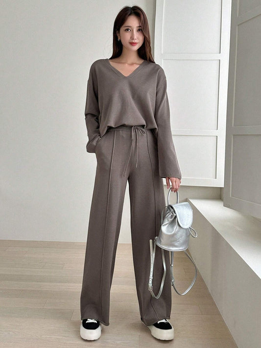 DAZY Drop Shoulder Sweater & Drawstring Waist Knit Pants