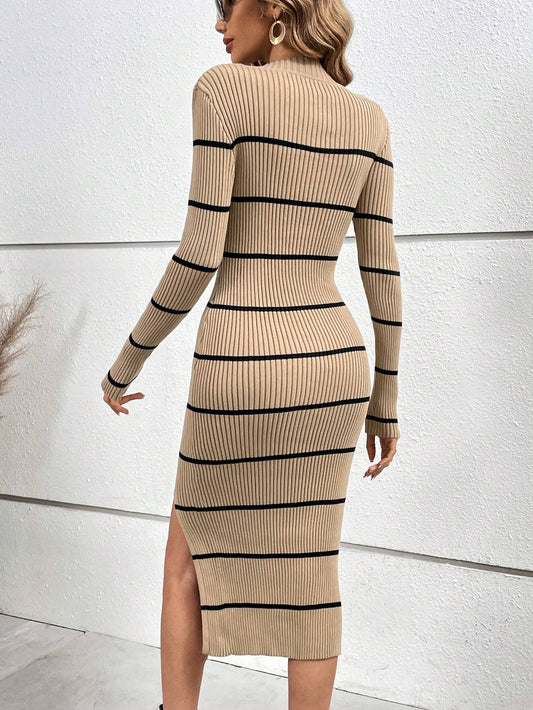 Raffinéa Striped Pattern Split Thigh Sweater Dress