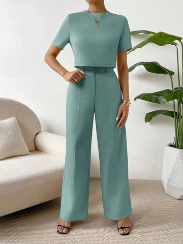 Essnce Solid Crop Blouse & Wide Leg Pants