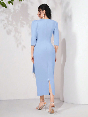 Modely Puff Sleeve Draped Side Wrap Hem Dress Long Evening Dresses