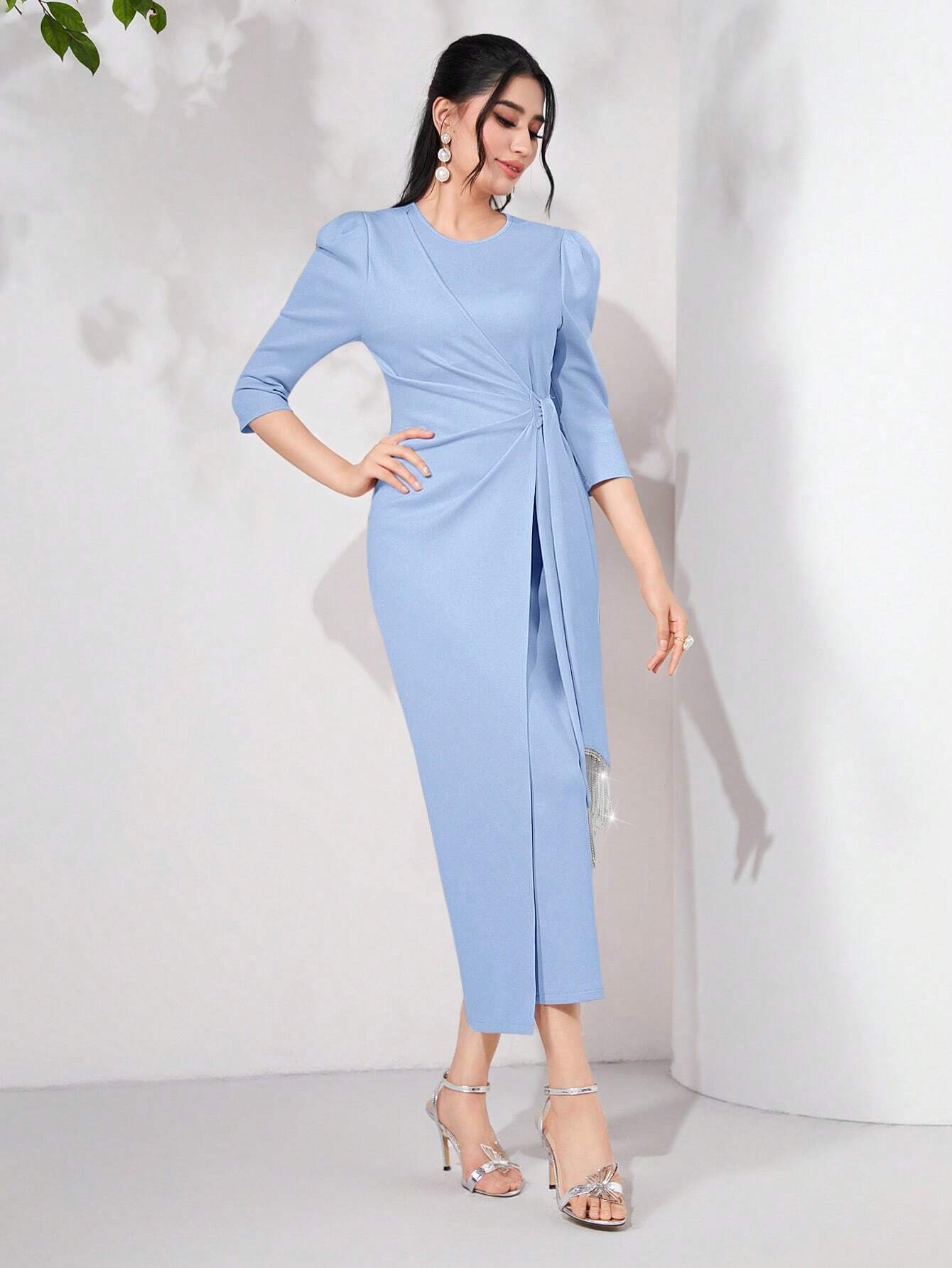 Modely Puff Sleeve Draped Side Wrap Hem Dress Long Evening Dresses