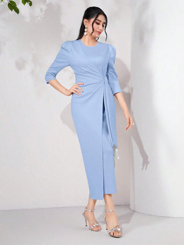 Modely Puff Sleeve Draped Side Wrap Hem Dress Long Evening Dresses