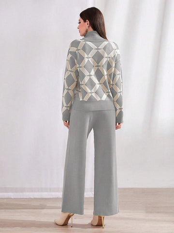 Mulvari Argyle Pattern Funnel Neck Sweater & Knit Pants 2 Piece Set