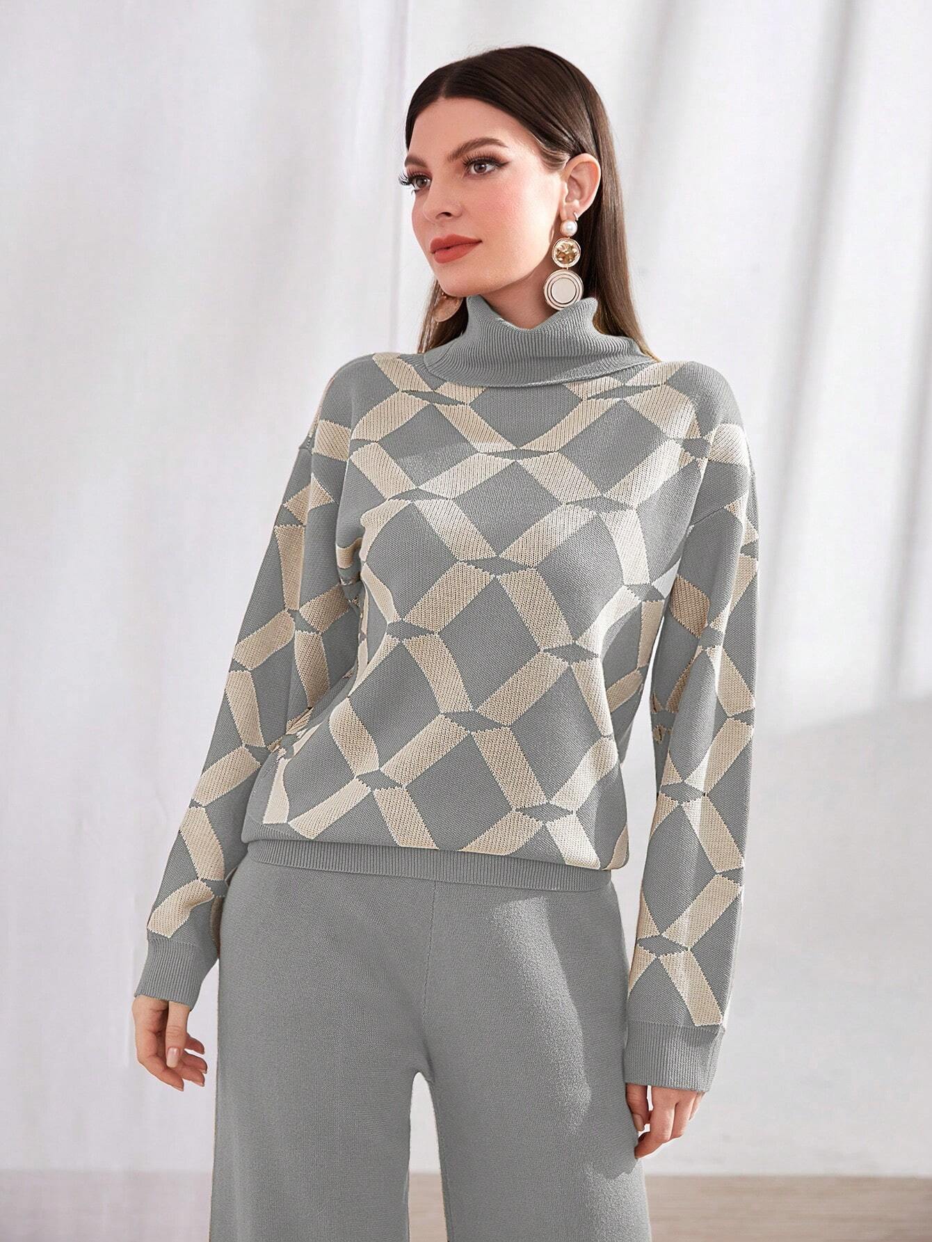 Mulvari Argyle Pattern Funnel Neck Sweater & Knit Pants 2 Piece Set